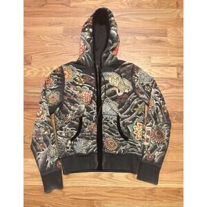 Y2K vintage Lucky Brand XS Asian dragon crane flower zip up hoodie tattoo